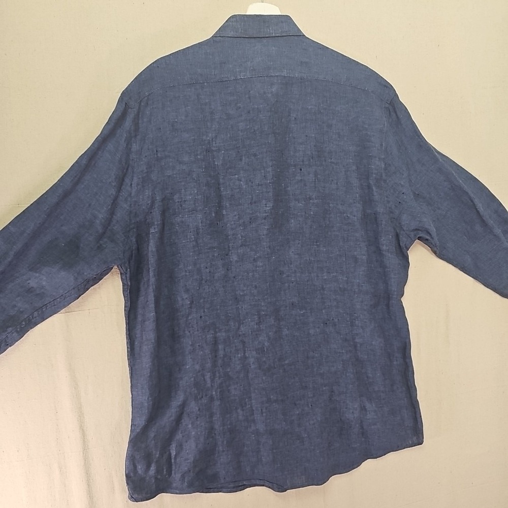 SPADA Puro Lino Men's 17.5 44 Blue Button Up Long Sleeve Shirt 100% Linen Italy - Picture 3 of 12